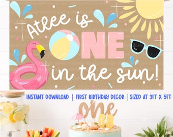 Pancarta para fiesta "One In the Sun", plantilla, descarga instantánea, pancarta pintada a mano, decoración para el primer cumpleaños, ambiente veraniego.