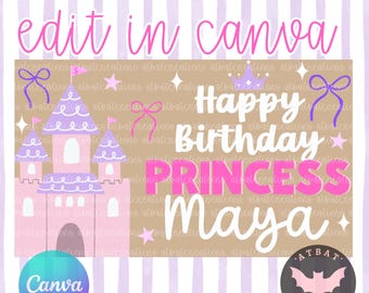 Può includere: Un design digitale con sfondo marrone chiaro presenta un castello rosa, le parole "Happy Birthday Princess Maya" e il testo "edit in canva". Il design include accenti viola e un logo Canva.
