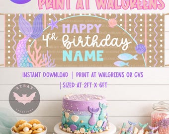 Mermaid Theme Party Banner, Print at Walgreens, Editable Template, Canva, Instant Download, Under the sea Birthday