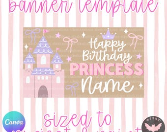 Princess themed birthday brown banner template Blue princess edit in canva