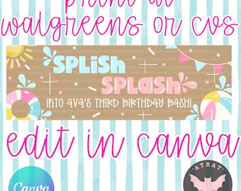 Summer Bash Banner, Birthday Decor, Girly Beach Vibe Printable, instant download, Pool party backdrop