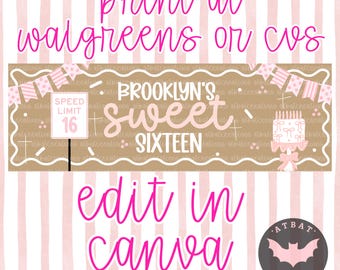 Sweet Sixteen Birthday Banner Template Editable Canva Banner 2x6 Birthday Backdrop Printable Sweet 16 Party Decor Digital Download