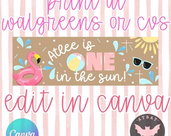One in the Sun Birthday Banner Summer theme girls decor Print at Walgreens Customizable Canva (Digital Download)