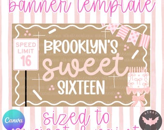 Sweet Sixteen Banner Template DIY Hand Painted Digital Template 16th Birthday Decor Girly Pink Backdrop
