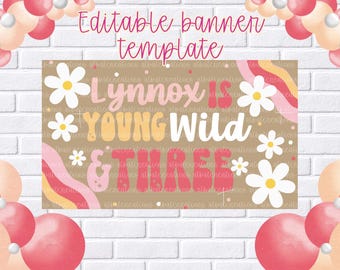Verjaardagsbannersjabloon 'Young, Wild, and Three'