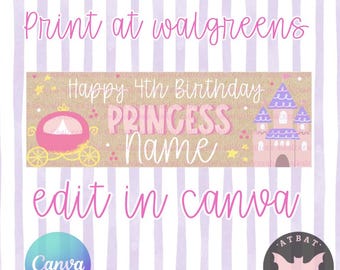 Princess Birthday Banner Template | Editable Canva, Walgreens Print (Digital Download)