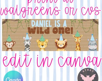 Personalized Safari Birthday Banner Printable, Jungle Animals Party Decor, Wild One, Editable Canva Template