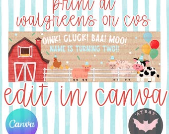Oink Baa Cluck Moo || Farm themed Birthday || Banner Template || Print at Walgreens or cvs