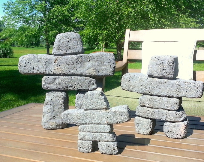 Hypertufa Inukshuk Family (Slate) Inuit Stacked Stone Cairn Handmade Caved Concrete Sculpture Garden Art Entryway Statue Housewarming Gift