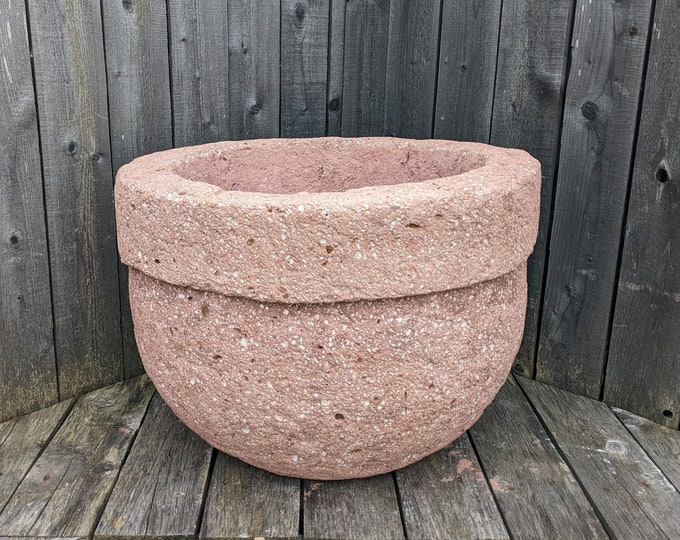 Large Hypertufa Planter | 17"w x 12"h Rose Color | Custom Handmade Cauldron Style Wide Shouldered Outdoor Garden Container | Flower Herb Pot