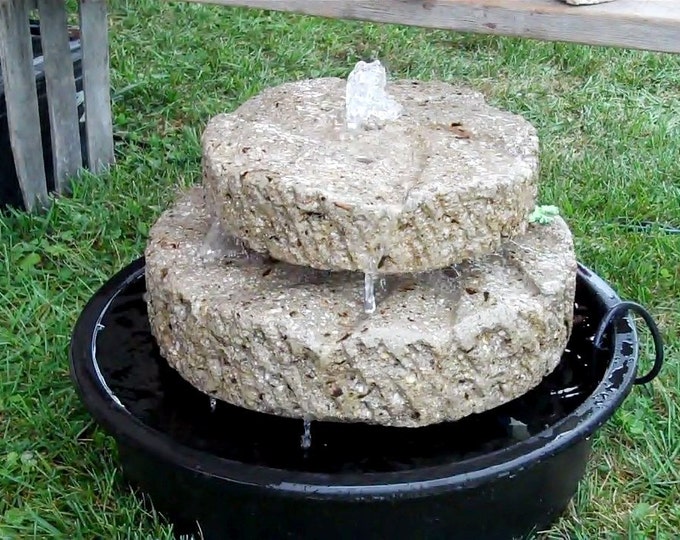 Stacked Millstone Fountain | Hypertufa Fountain | Lightweight Concrete | Limestone Color | Outdoor Birdbath Fountain | Handmade | 2 Sizes