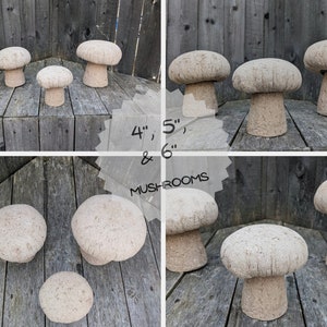 Pu&ograve; includere: Set di sei statue di funghi da giardino in cemento di diverse dimensioni, 10 cm, 12,5 cm e 15 cm di altezza. I funghi sono di colore beige chiaro e hanno una superficie testurizzata.
