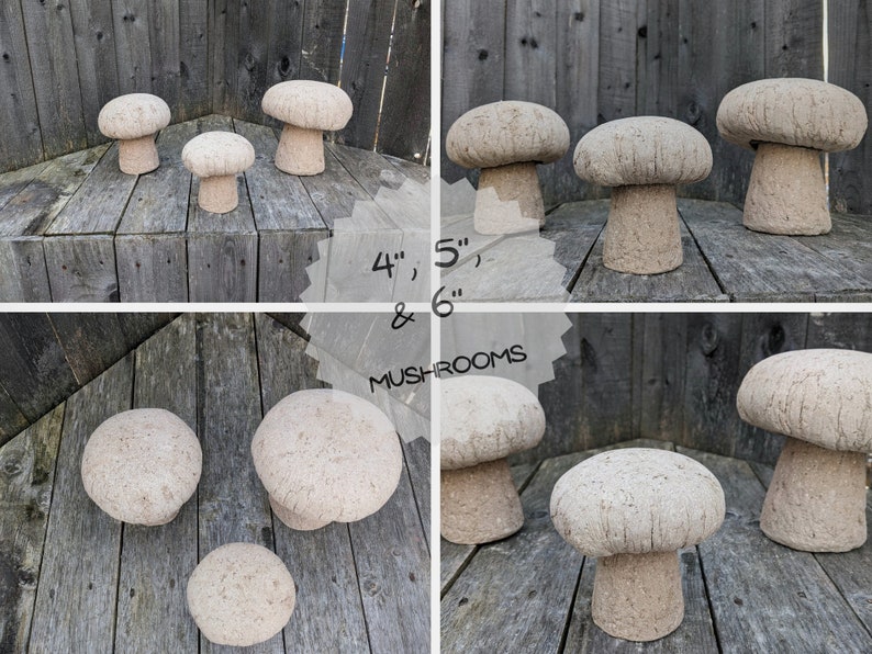 Pu&ograve; includere: Set di sei statue di funghi da giardino in cemento di diverse dimensioni, 10 cm, 12,5 cm e 15 cm di altezza. I funghi sono di colore beige chiaro e hanno una superficie testurizzata.
