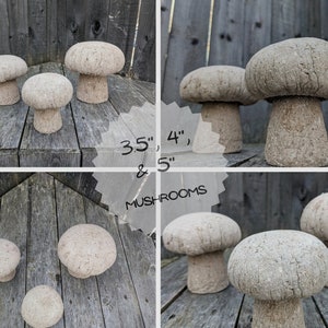 Pu&ograve; includere: Set di quattro decorazioni da giardino in cemento a forma di fungo di diverse dimensioni, 3,5", 4" e 5" di altezza. I funghi sono di colore beige chiaro e hanno una superficie testurizzata.