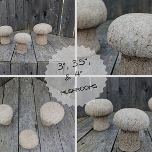Pu&ograve; includere: Tre statue da giardino a forma di fungo in cemento di diverse dimensioni: 7,6 cm, 8,9 cm e 10,2 cm. I funghi sono di colore marrone chiaro e hanno una texture ruvida.