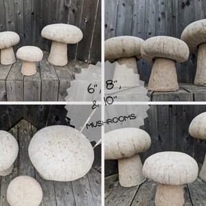 Pu&ograve; includere: Set di sei statue da giardino a forma di fungo in cemento di diverse dimensioni, che vanno da 15 cm a 25 cm di altezza. I funghi sono di colore beige chiaro e hanno una superficie ruvida e testurizzata.