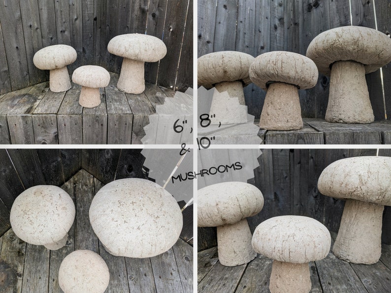 Pu&ograve; includere: Set di sei statue da giardino a forma di fungo in cemento di diverse dimensioni, che vanno da 15 cm a 25 cm di altezza. I funghi sono di colore beige chiaro e hanno una superficie ruvida e testurizzata.