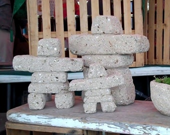 Hypertufa Carved Inukshuk Sculptures | Inuk Family Set of 3 | Lightweight Concrete Outdoor Garden Art | Limestone Color | Housewarming Gift