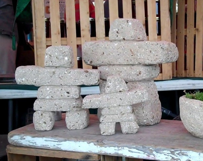 Hypertufa Inukshuk Family (Limestone) | 3 Inuit Stacked Stone Cairns | Handmade Concrete Sculpture Art | Garden Entryway Housewarming Gift