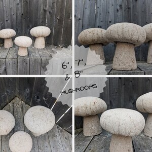 Pu&ograve; includere: Tre sgabelli da giardino in cemento a forma di fungo, di diverse dimensioni, 15,24 cm, 17,78 cm e 20,32 cm di altezza. Gli sgabelli sono di colore beige chiaro e hanno una superficie ruvida e testurizzata.