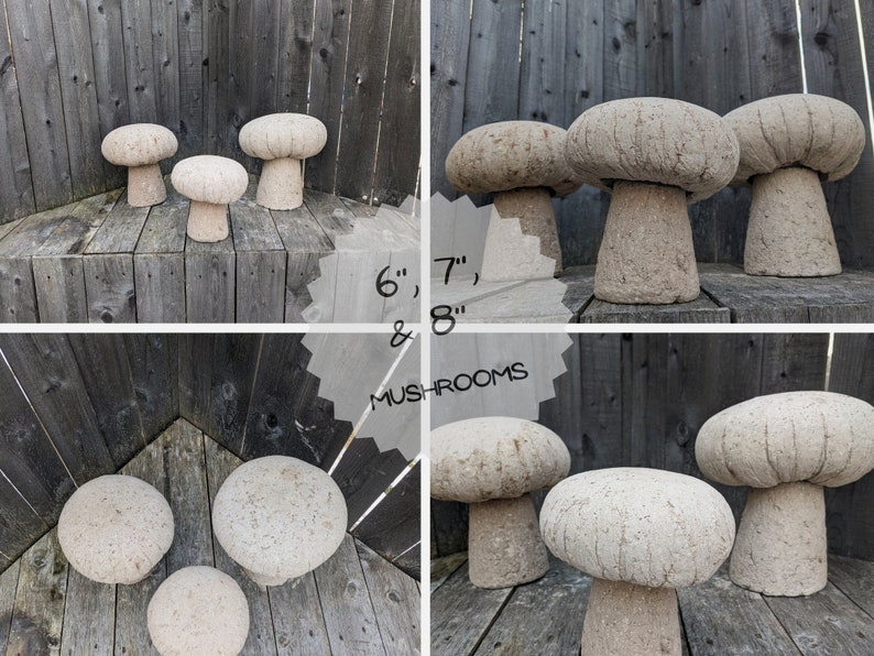 Pu&ograve; includere: Tre sgabelli da giardino in cemento a forma di fungo, di diverse dimensioni, 15,24 cm, 17,78 cm e 20,32 cm di altezza. Gli sgabelli sono di colore beige chiaro e hanno una superficie ruvida e testurizzata.