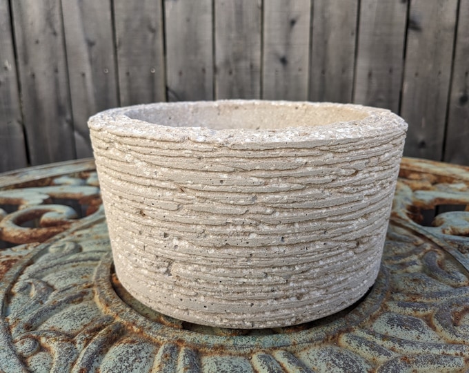 Carved Hypertufa Planter 7.5"w x 4"h | Minimalist Design Succulent Herb Flower Pot | Lightweight Concrete Outdoor Container | Gardening Gift