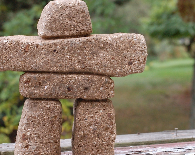 Hypertufa Inukshuk | Big Nook 12"h (Sandstone) | Inuit Stacked Stone Man Figure | Lightweight Concrete Sculpture Art | Housewarming Gift