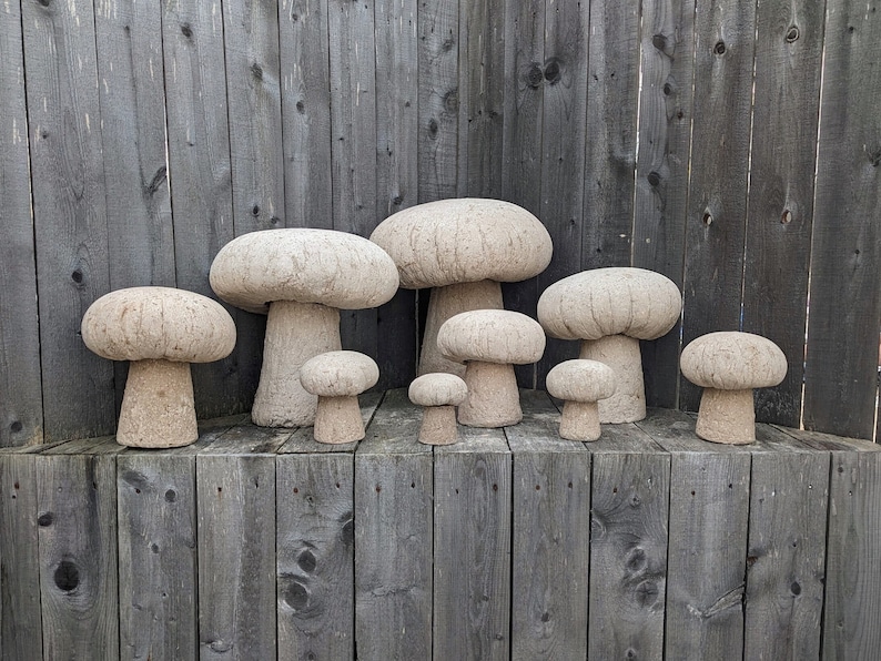 Pu&ograve; includere: Un set di otto sgabelli da giardino in cemento a forma di fungo, disposti in fila su una superficie in legno.