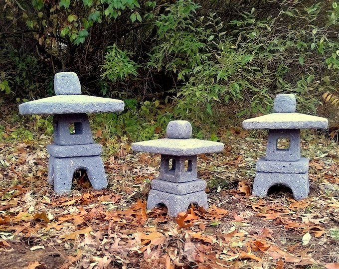 Garden Lantern, (Slate), Hypertufa Sculpture, Lightweight Concrete, Handmade Outdoor Garden Decor, Japanese Asian Style Pagoda Doro, 3 Sizes