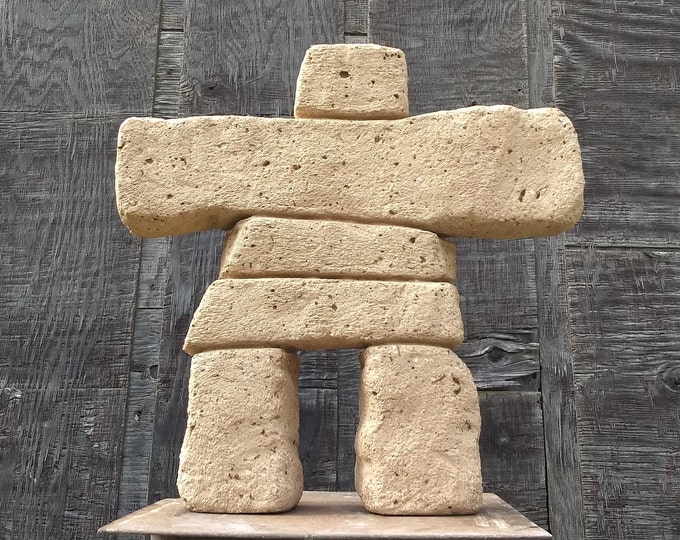 Hypertufa Inukshuk | "TOR" 18" Tall (Sandstone) | Lightweight Concrete Garden Art | Inuit Stone Cairn Sculpture | Housewarming Garden Gift
