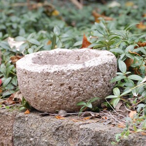 May include: Three small, round, concrete planters with a rough, textured surface. The planters are in various shades of brown and pink.