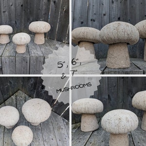 Pu&ograve; includere: Set di tre statue da giardino a forma di fungo in cemento di diverse dimensioni, 13 cm, 15 cm e 18 cm di altezza. I funghi sono di colore beige chiaro e hanno una superficie ruvida e testurizzata.