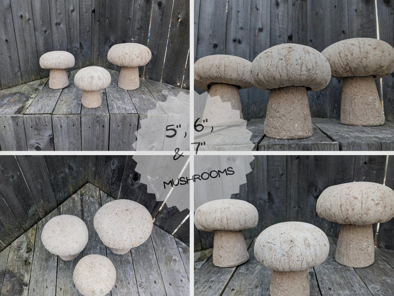 Pu&ograve; includere: Set di tre statue da giardino a forma di fungo in cemento di diverse dimensioni, 13 cm, 15 cm e 18 cm di altezza. I funghi sono di colore beige chiaro e hanno una superficie ruvida e testurizzata.