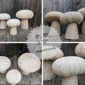 Pu&ograve; includere: Tre sgabelli da giardino in cemento a forma di fungo di diverse dimensioni, 8", 10" e 12", su uno sfondo in legno rustico.