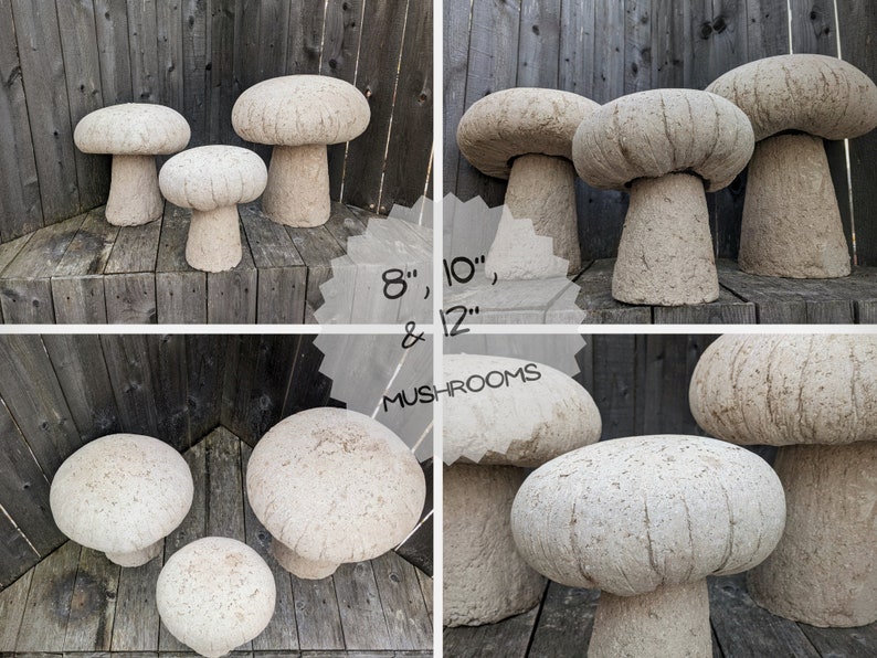 Pu&ograve; includere: Tre sgabelli da giardino in cemento a forma di fungo di diverse dimensioni, 8", 10" e 12", su uno sfondo in legno rustico.