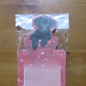 Può includere: Un blocco note rettangolare con sfondo rosa decorato da bolle bianche e un'illustrazione di un cucciolo nero seduto all'interno di un vaso da fiori rosa nella parte superiore. Il blocco note è inserito in una busta di plastica trasparente.