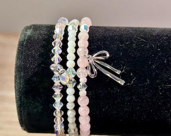 Rose Quartz Bracelet Set | Czech Crystal | Beaded Stretch Bracelets