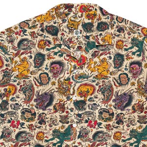 Japans Demon Yokai-shirt met all-over print | Traditionele houtsnedekunst knop omhoog | Uniseks streetwear | Oni-drakenprint