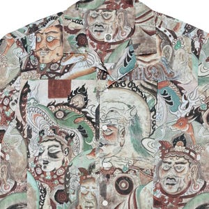Chinese Buddhist Cave Art Mural Hawaiian Shirt – Tang Dynasty Dunhuang Patchwork – Silk Road  Temple Art Button Up Unisex Shirt