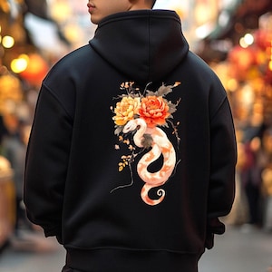 Chinese Year of the Snake Lunar Year 2025 Zodiac Orange Snake Floral Unisex Hoodie