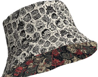 Reversible Demon Bucket Hat | Black White Red Grey | Japanese Woodblock Print | Gothic Halloween Hat | Unisex Streetwear