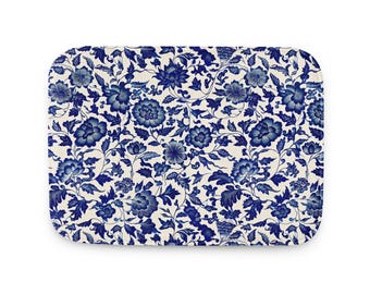 Blue Chinoiserie Bath Mat | Floral Memory Foam Bathroom Rug | Porcelain Style Home Decor | Soft Non Slip Bath Rug