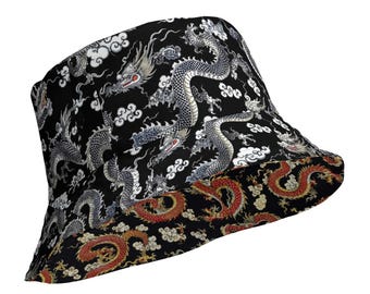 Reversible Chinese Dragon Bucket Hat, Black & Red Asian Dragon Print Sun Hat, Unisex Streetwear Festival Hat