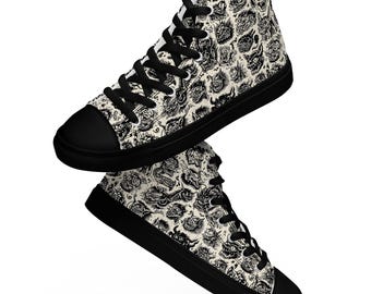 Japanese Demon Canvas Shoes | Black White Oni Yokai High Tops | Traditional Japanese Art Sneakers | Men's Anime Shoes