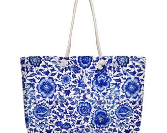 Chinoiserie Weekender Bag: Blue and White Floral Porcelain Print