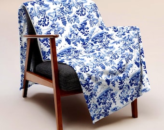 Blue Chinoiserie Throw Blanket | Toile Fleece Blanket | French Country Home Decor | Vintage Style Cozy Blanket