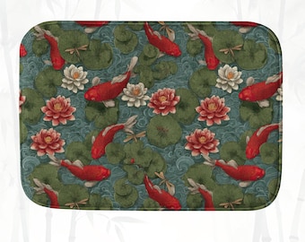 Koi Fish Pond Bath Mat | Japanese Zen Bathroom Decor | Memory Foam Non-Slip Mat | Calming Spa Style Home Accent | Floral Water Garden Design