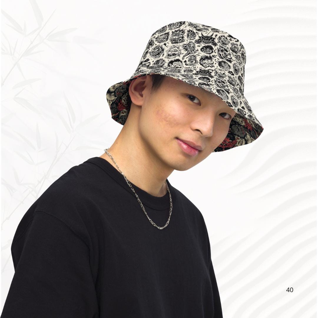 Reversible Demon Bucket Hat | Black White Red Grey | Japanese