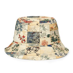 Japanese Patchwork Reversible Bucket Hat - Orange & Neutral Kimono Print - Two Looks in One Hat - Asian Streetwear Fashion