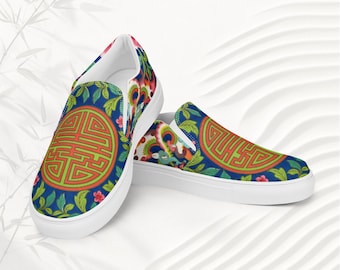 Chinese Long Life Symbol Shoes – Chinoiserie Slip-On Sneakers, Colorful Asian-Inspired Gift for Her , Women’s slip-on canvas shoes